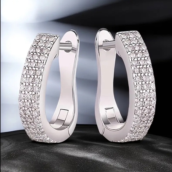 Women’s Elegant 925 Sterling Silver CZ Pave Hoop Earrings - NWT - Picture 1 of 6